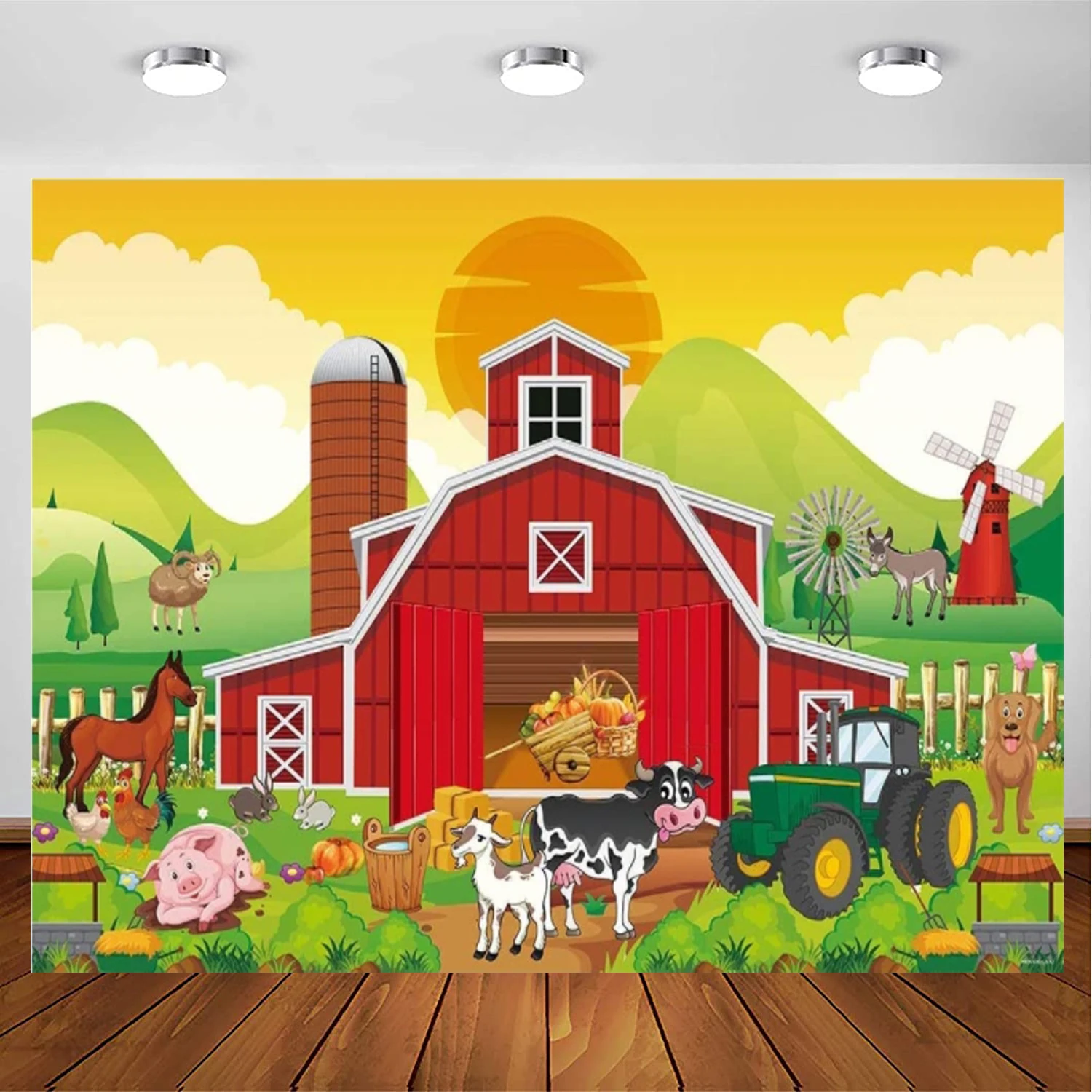 

Cartoon Red Farm Animals Photography Backdrop Kids 1st First Birthday Party Banner Autumn Harvest Warehouse Background Farmer