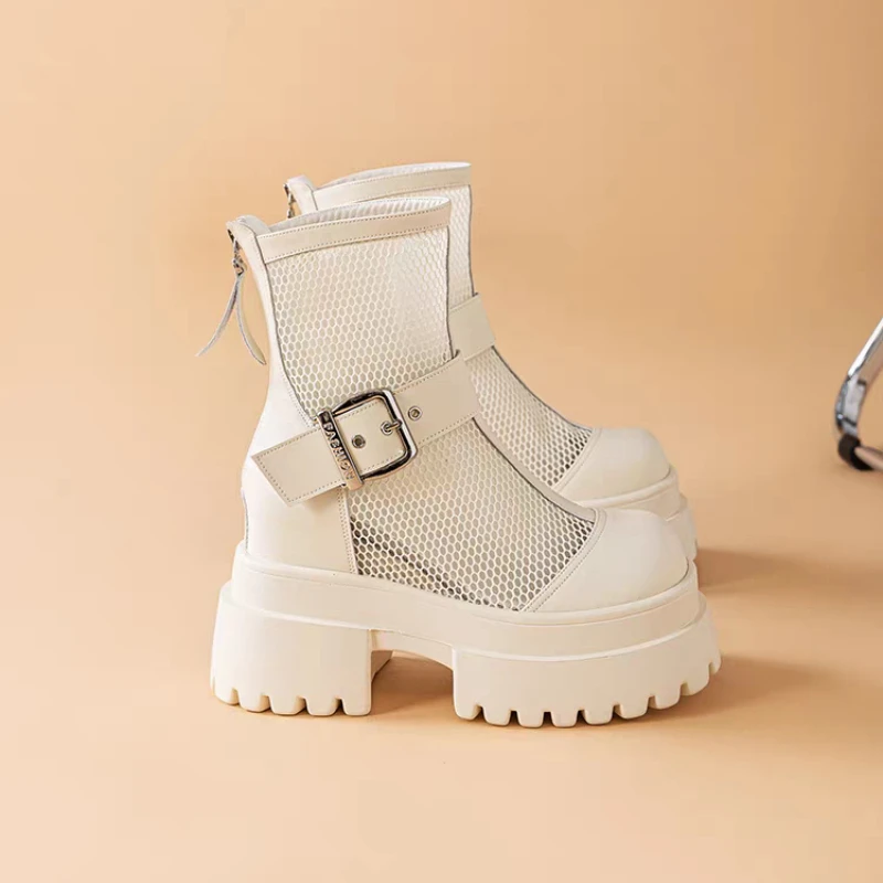 2026 Summer Mesh Surface Shoes Women's Thick Wedge Platform High Heels Increasing Short Boots Breathable Fashion Comfortable
