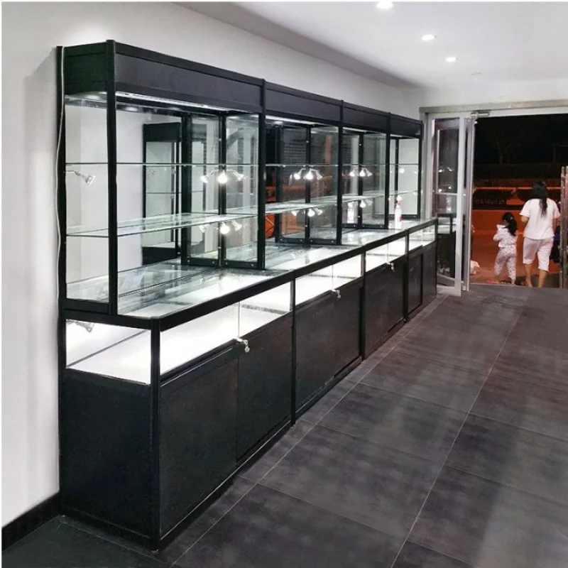 (Op Maat) Goedkope Prijs Aluminium Sieraden Showcase Retail Afsluitbare Vitrine Vitrine Met Led Licht