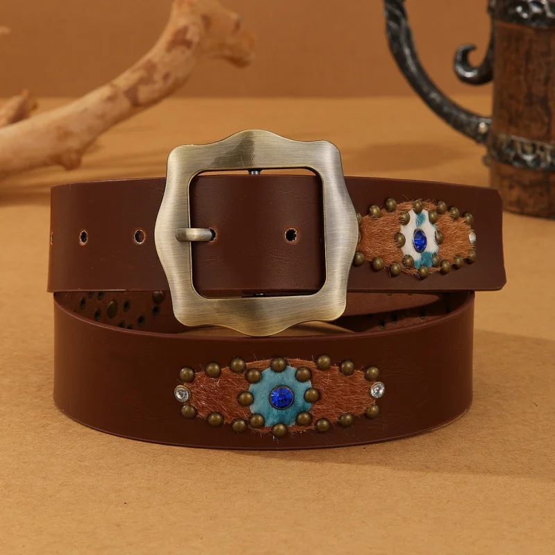 

New Women Rivet Patchwork Animal Pattern PU Leather Cowgirl Square Buckle Women Belt Fashion Jeans Dress Belt for Ladies