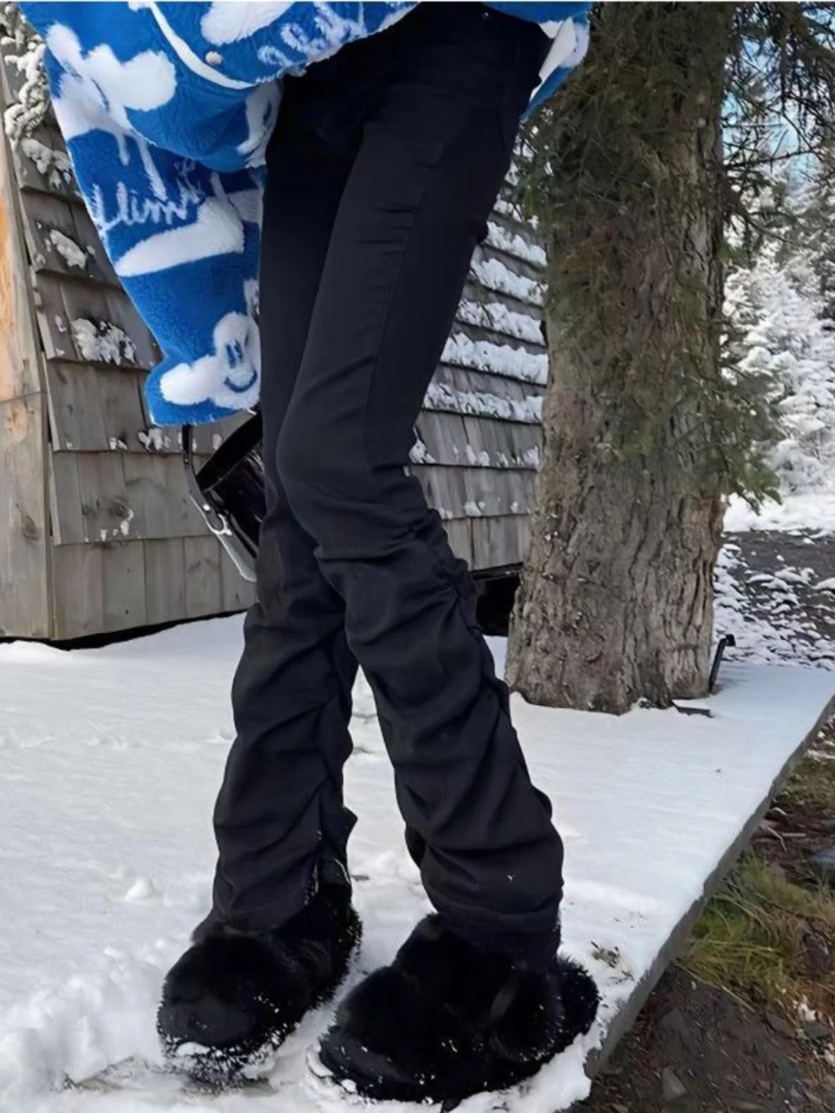 

High Waist Flared Jeans Women's Black Denim Pants Slimming Elastic Pleated Design Long Trousers Autumn Winter Casual Cotton S...