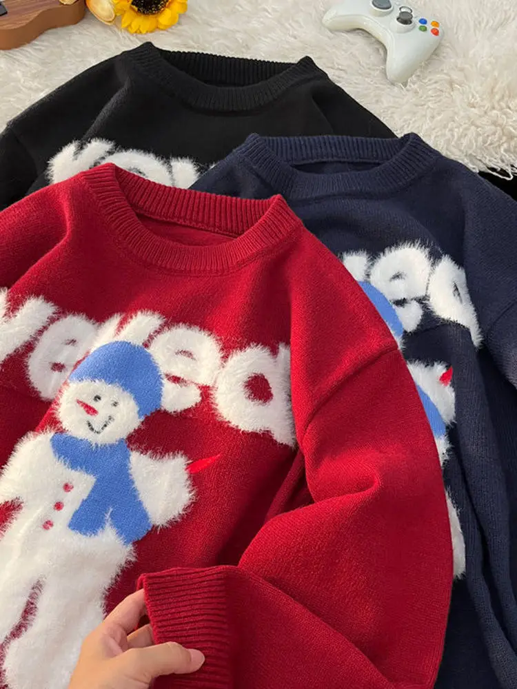 

Корейский стильный теплый вязаный свитер с круглым вырезом и милым снеговиком для женщин, осенне-зимний, свободный, высококачественный