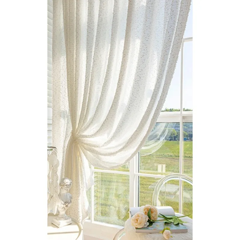 French Simple White Small Fragrance Light Luxury Light-transparent Opaque Gauze Curtains Living Room Bedroom Balcony Curtains