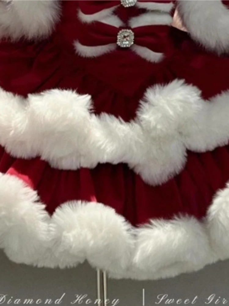 أنيقة فاخرة الحلو لوليتا عيد الميلاد الأميرة مجموعة المرأة الأحمر فروي الأرنب الأذن عباءة القوس نفخة فستان لطيف احتفالي موضة الزي