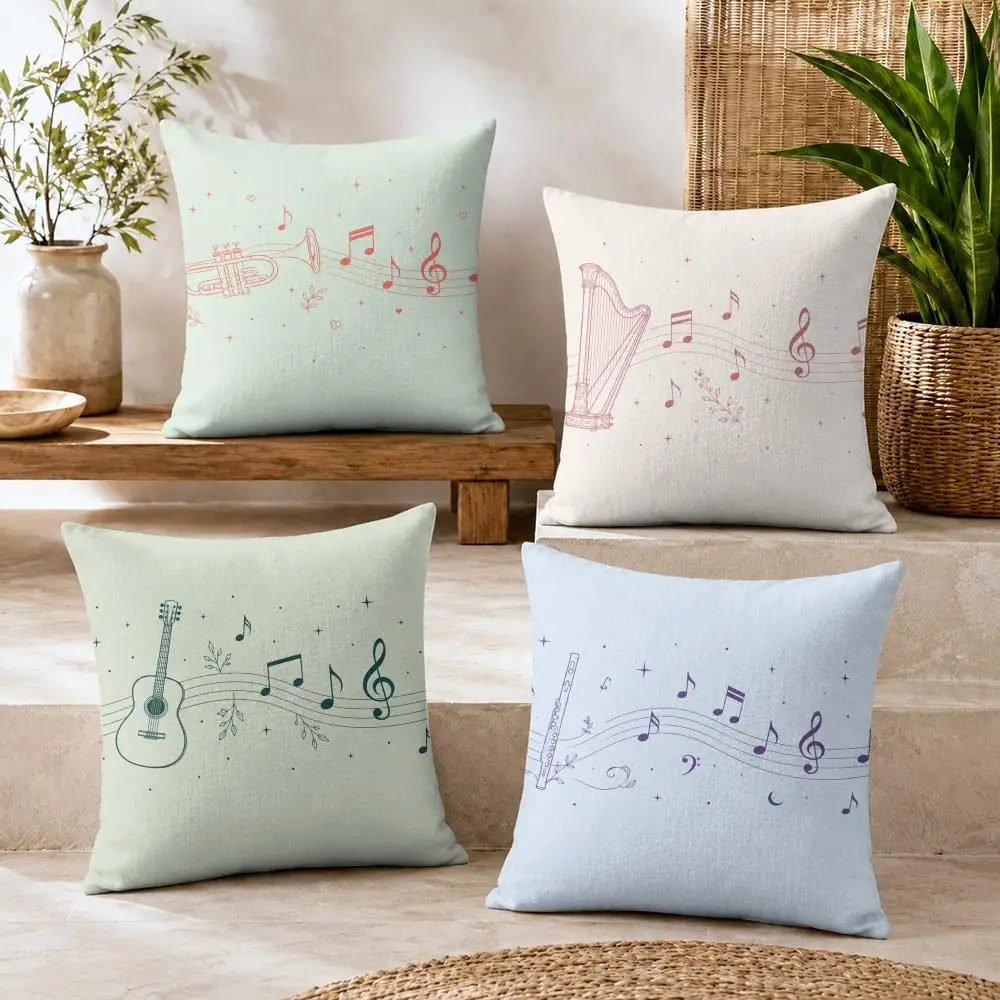 Pastel Music Notes Instrument Cushion Cover Summer Coolness Linen Organic Fabric Sofa Pillow Case Double-Sided Home Decor