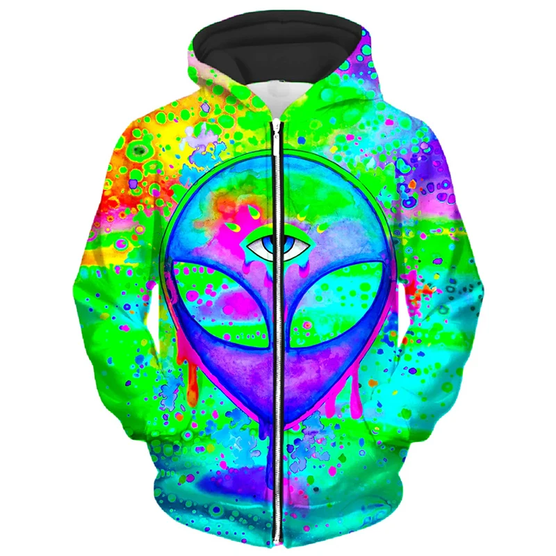 Unique Alien Graffiti Printed Zip Up Hoodie Men Joker Vintage Street Fashion Hooded Coat 3D Pattern 2025 New Casual Hoodies