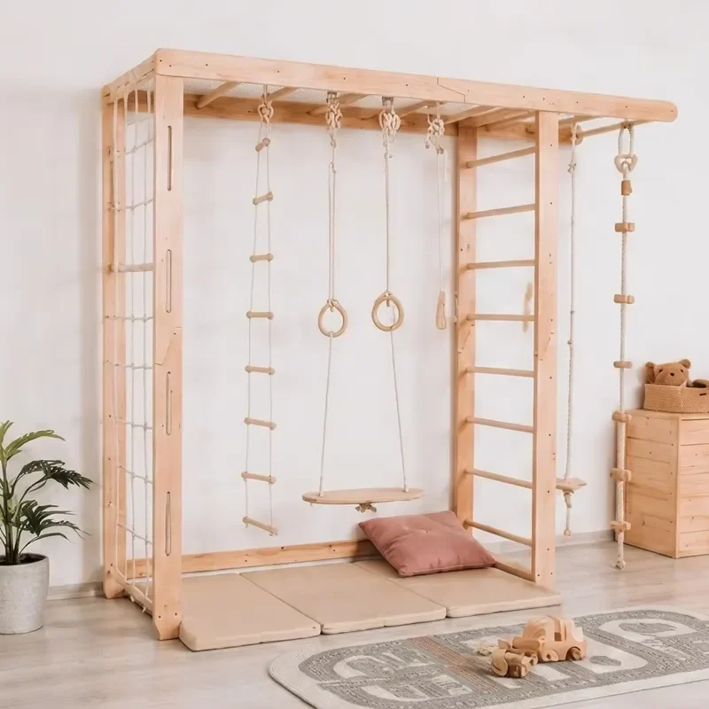 Wooden Montessori Climbing Wall Kids Indoor Gym 5 in 1 Playground with Swedish Ladder Safe Customizable Children Play