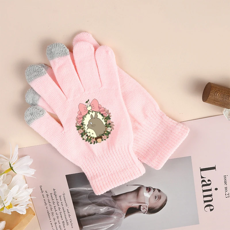 Cartoon Totoros Winter Five-finger Gloves Kids Adult Cute Cat Print Touch Screen Knitted Gloves Cold-proof Outdoors Warm Mittens
