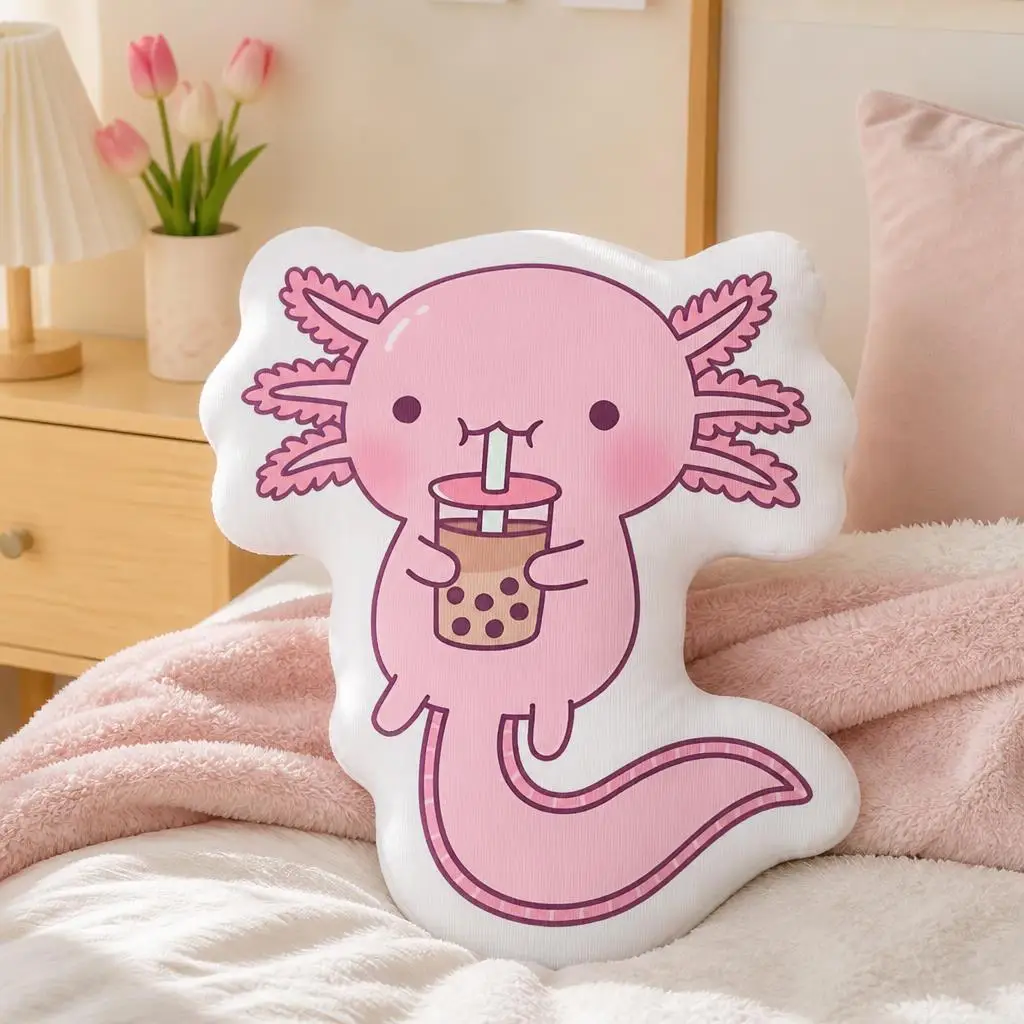 Axolotl Bubble Tea Throw Pillow Cute Kawaii Salamander Shaped Stuffed Cushion Decorative Home Decor Gift for Boba Lovers