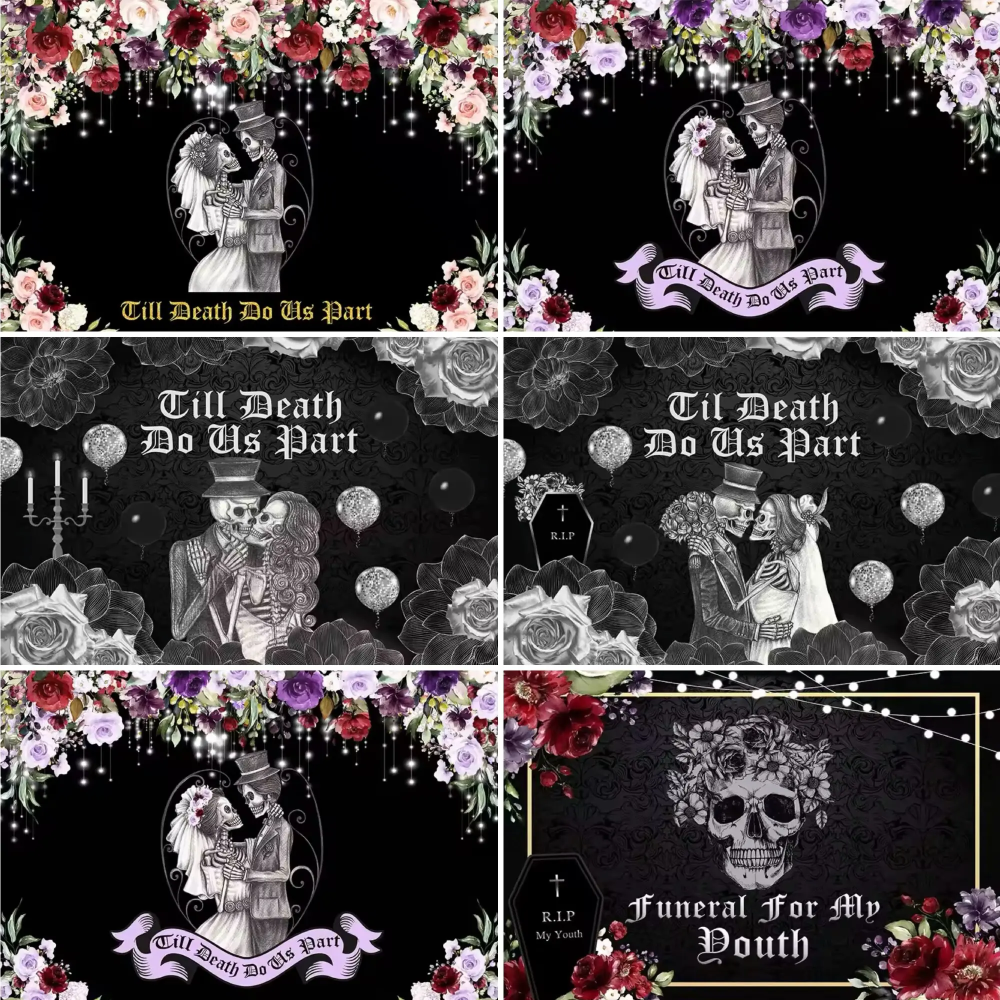 

Gothic wedding background until death separates us couple engagement wedding party decoration background retro floral banner