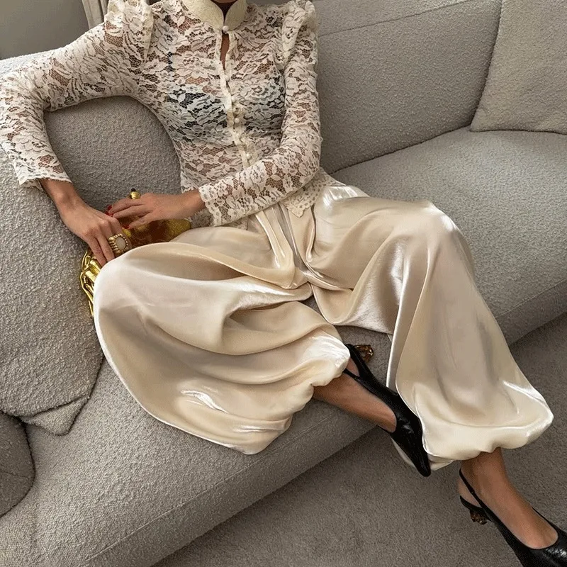 Talenza Women's Fashion Casual Pants Elegant Solid Patchwork Loose Long Pants Vintage Summer Commuter High Street Female Pants