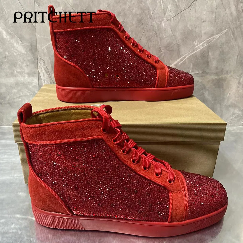 Red Rhinestone High-Top Lace-Up Shoes with Round Toe Luxurious and Full of Diamonds Casual and Fashionable Men's Shoes