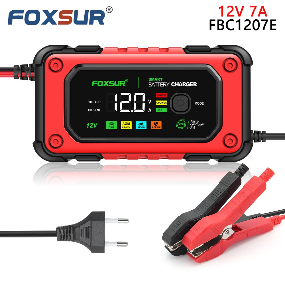 FOXSUR FBC1207E 12V 7A Smart Car Battery Charger For AGM GEL LiFePO4 Auto Motorcycle Lead Acid Battery Maintainer And Repair