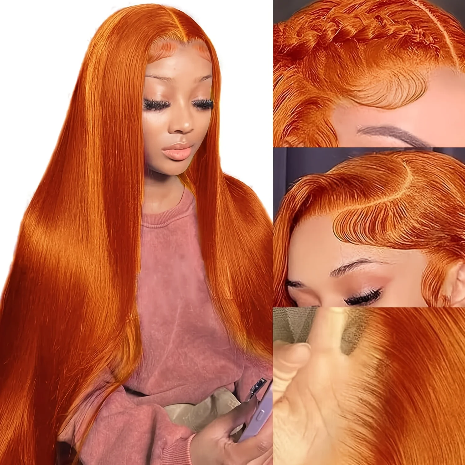 Perruque Lace Front Wig naturelle brésilienne lisse, cheveux lisses, 13x4 13x6, pre-plucked, orange, 36 pouces, pour femmes