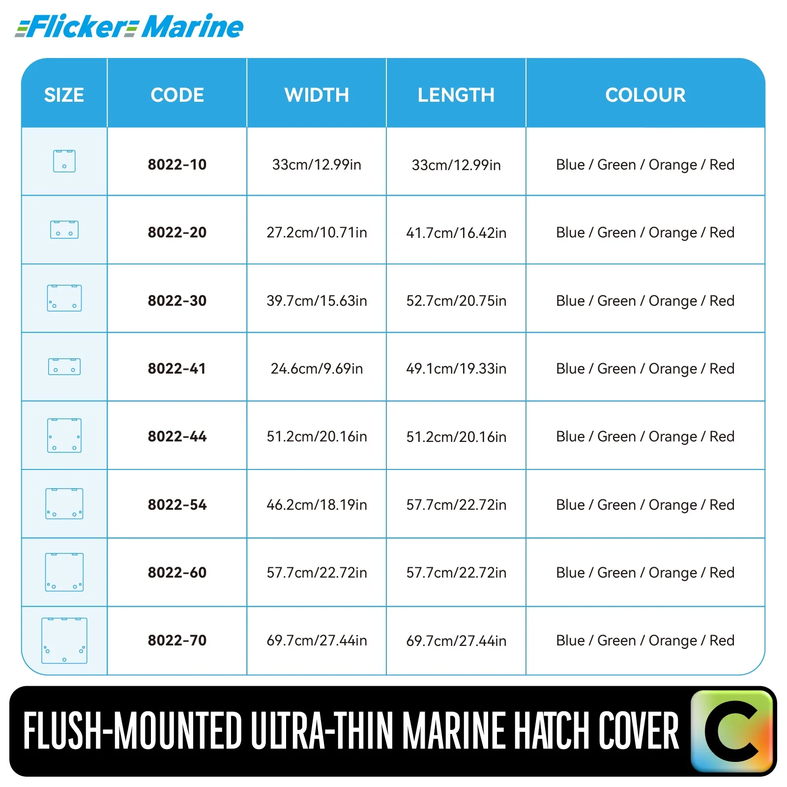 FLICKER MARINE Colorful Ultra-Thin Flush Mounted Hatch Cover Compatible with Lewmar Hatches, Marine Deck Hatch Cover for Sailboa