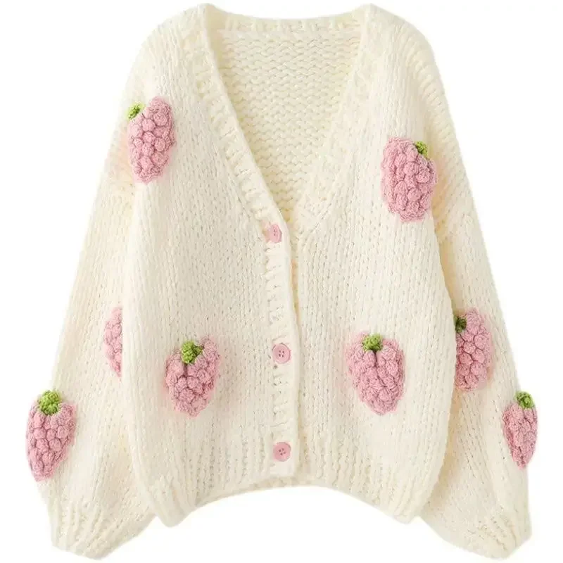 Strawberry Printed Crochet Cardigans Women Winter Korean Style Loose Knitting Sweater Female Fashion Casual V Neck Cardigan Tops