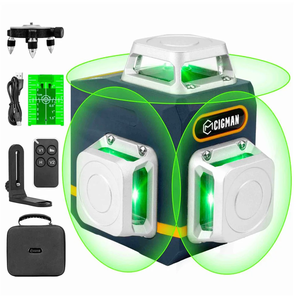 CIGMAN CM-701 3x360° Self-leveling Laser Level, 100ft 3D Green Cross Line, Rechargeable Battery, Remote Control