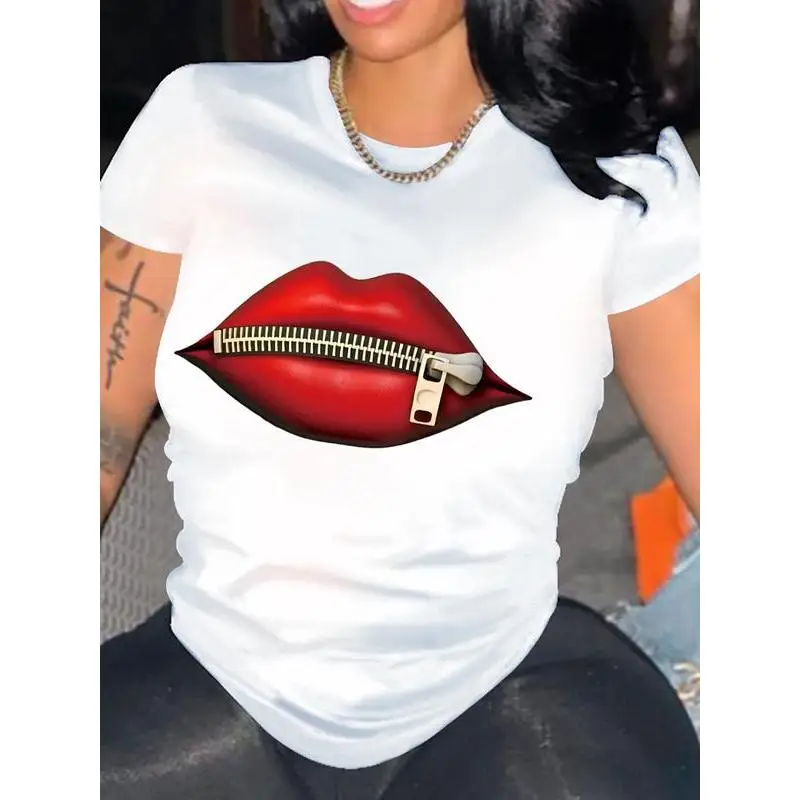 

Zipped Lips T-Shirt Women's Trendy Red Mouth Graphic Tee Silence Statement Print Top Secret Keeper Aesthetic Streetwear Apparel