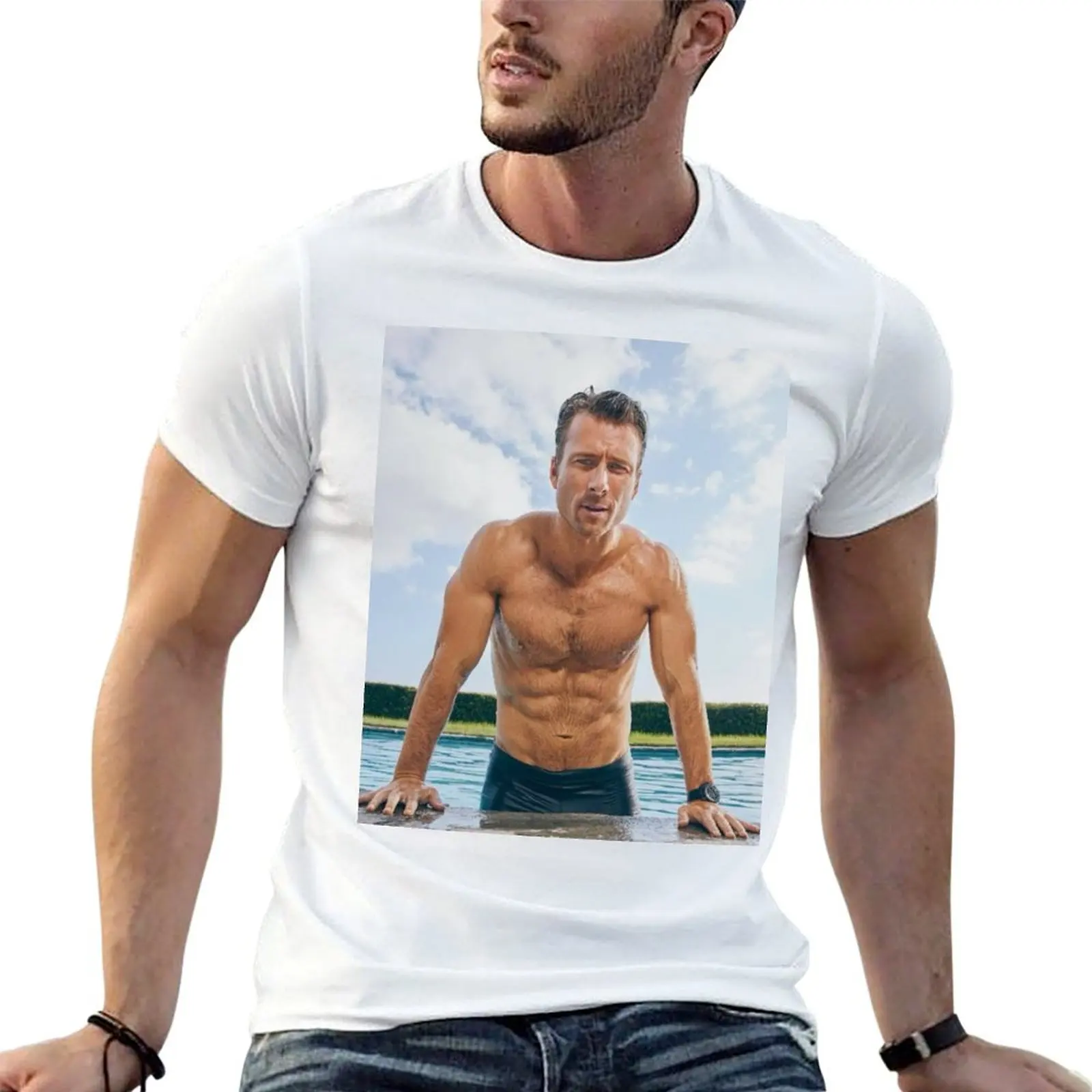 

Футболка без рубашки с принтом Glen Powell, мужские футболки, дизайнерская футболка