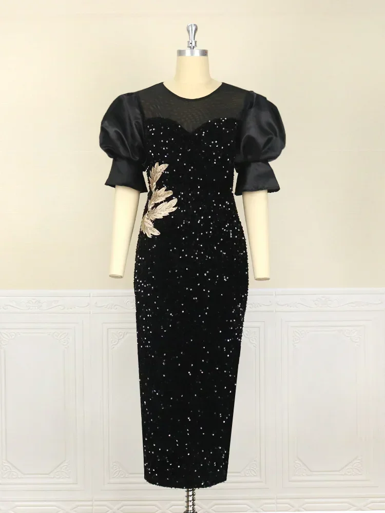 Robe de cocktail brodée à sequins pour femme, robe de soirée, manches bouffantes enveloppées sur la poitrine, robe Kly de Rotterdam, robe d'irritation pour invité de mariage, grande taille