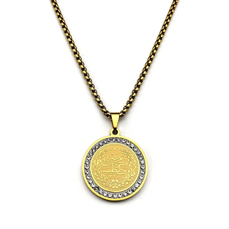 Allah Muslim Islam Quran Medal Necklace for Women Men Rhinestone Stainless Steel Gold Color Arabic Amluet Bless Chain Jewelry view 5