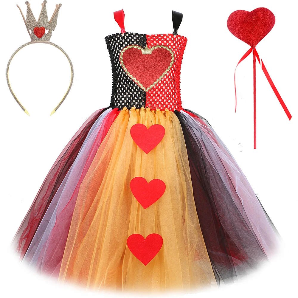 Red Queen of Hearts Costumes Girls Christmas Halloween Long Tutu Dress for Kids New Years Carnival Outfit with Gold Crown Wand