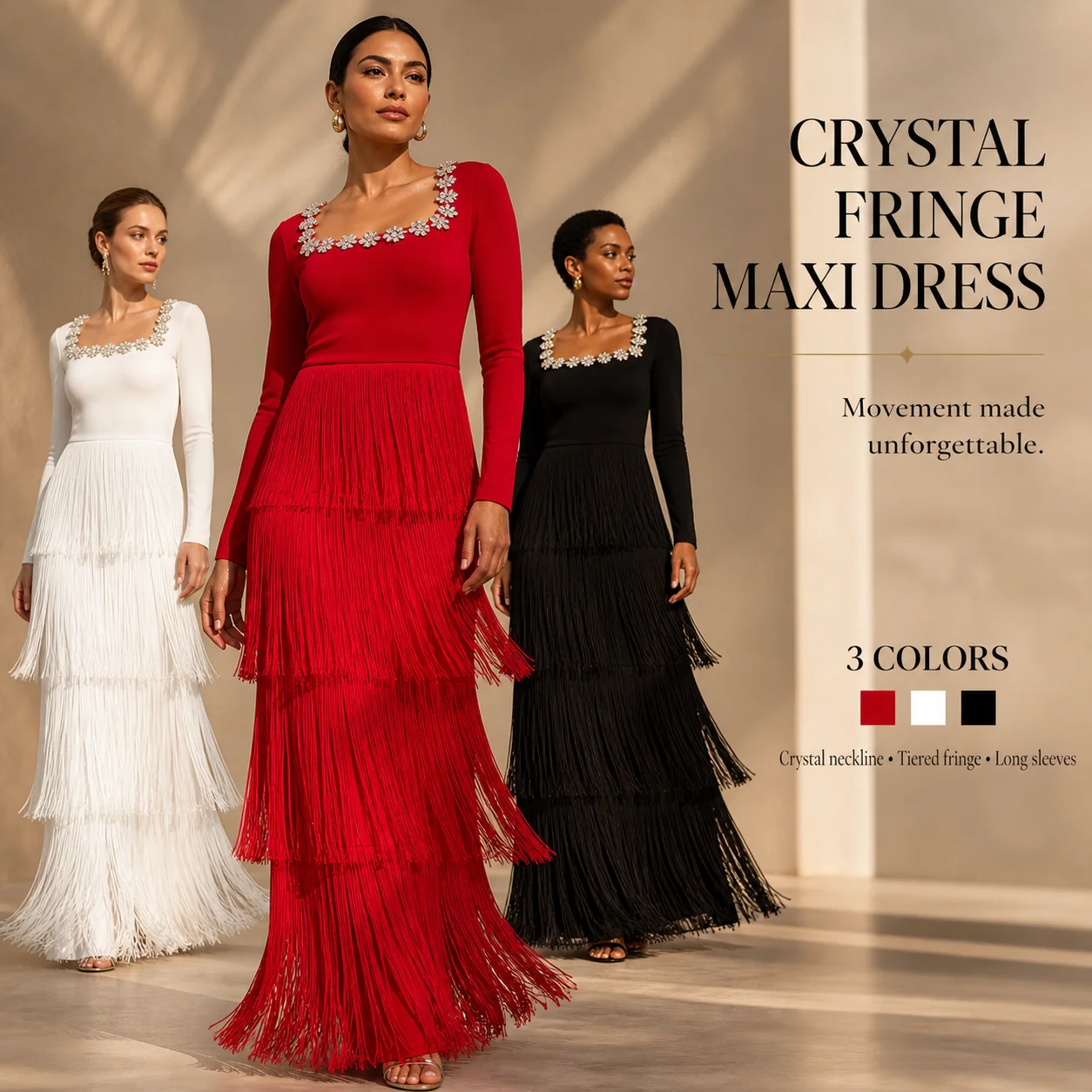 Women Crystal Embellished Fringe Maxi Dress Long Sleeve Square Neck Tiered Tassel Elegant Evening Party Formal Gown