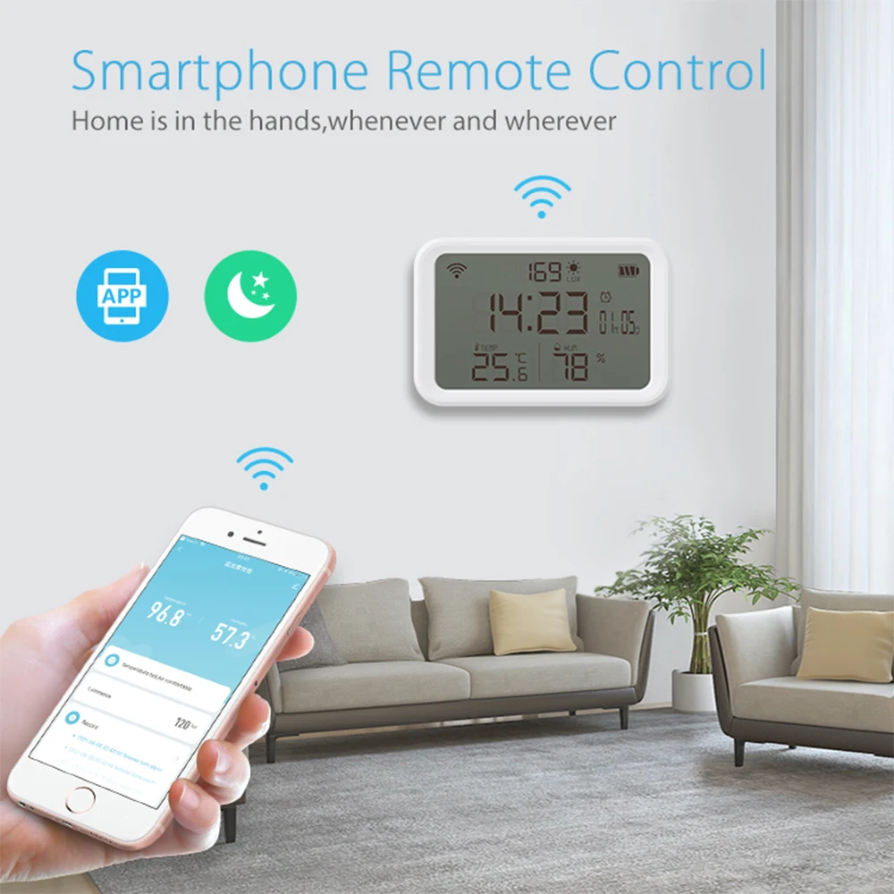 Tuya Smart WiFi 4-IN-1 Temperature Humidity Sensor Light Intensity Detector Time Display Alarm Clock Fit Alexa Google Assistant