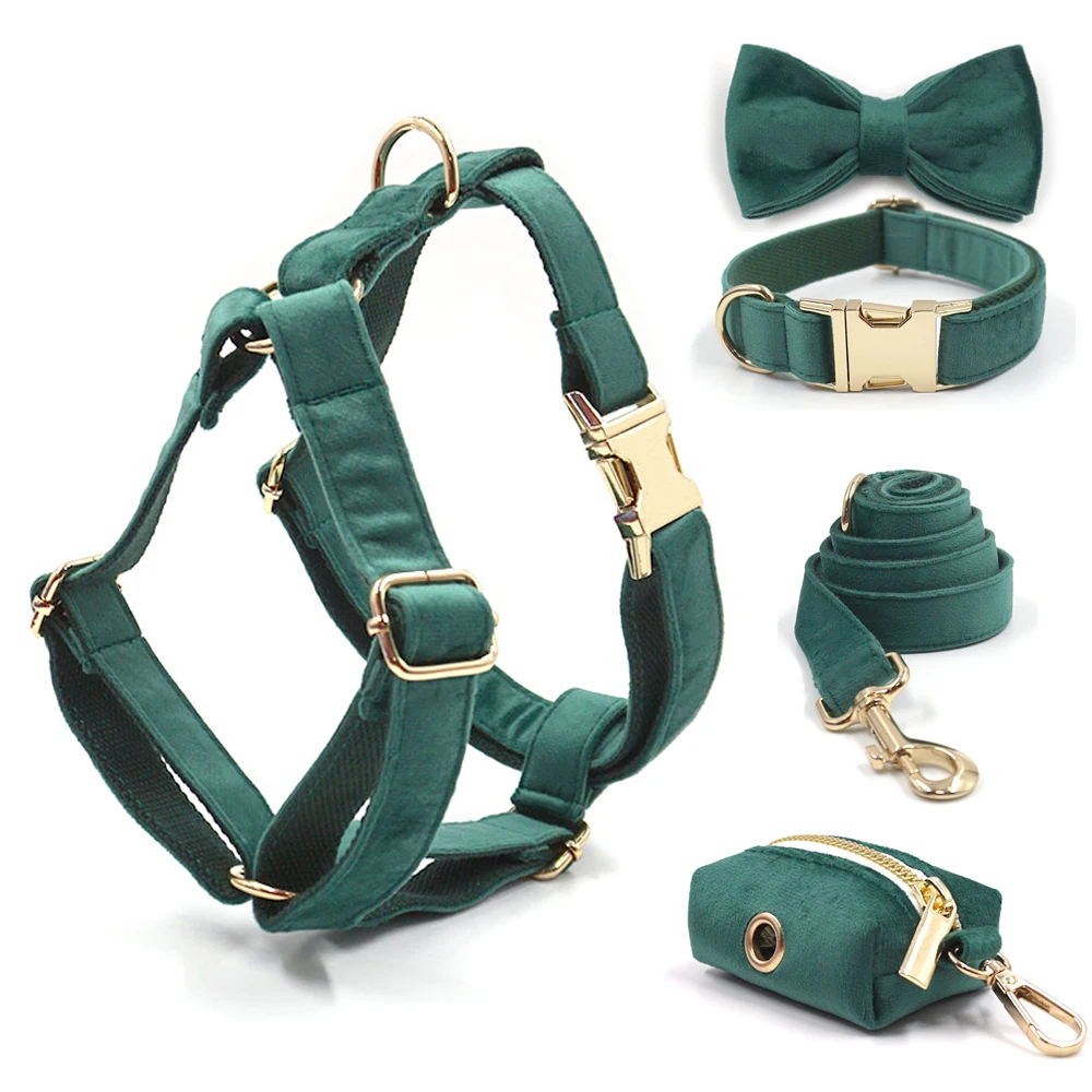 Green Velvet Personalized Collars for Dogs Adjustable Pet Harness with Safety Metal Buckles Sailor Bow Puppy Harness Gift Set