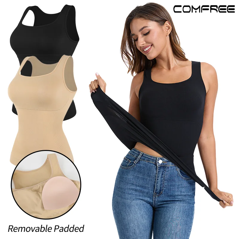 Slimbelle Women Compression Vest Shapewear Square Neck Tank Top Belly Control Slimming Waist Trainer Removable Padded Underwear