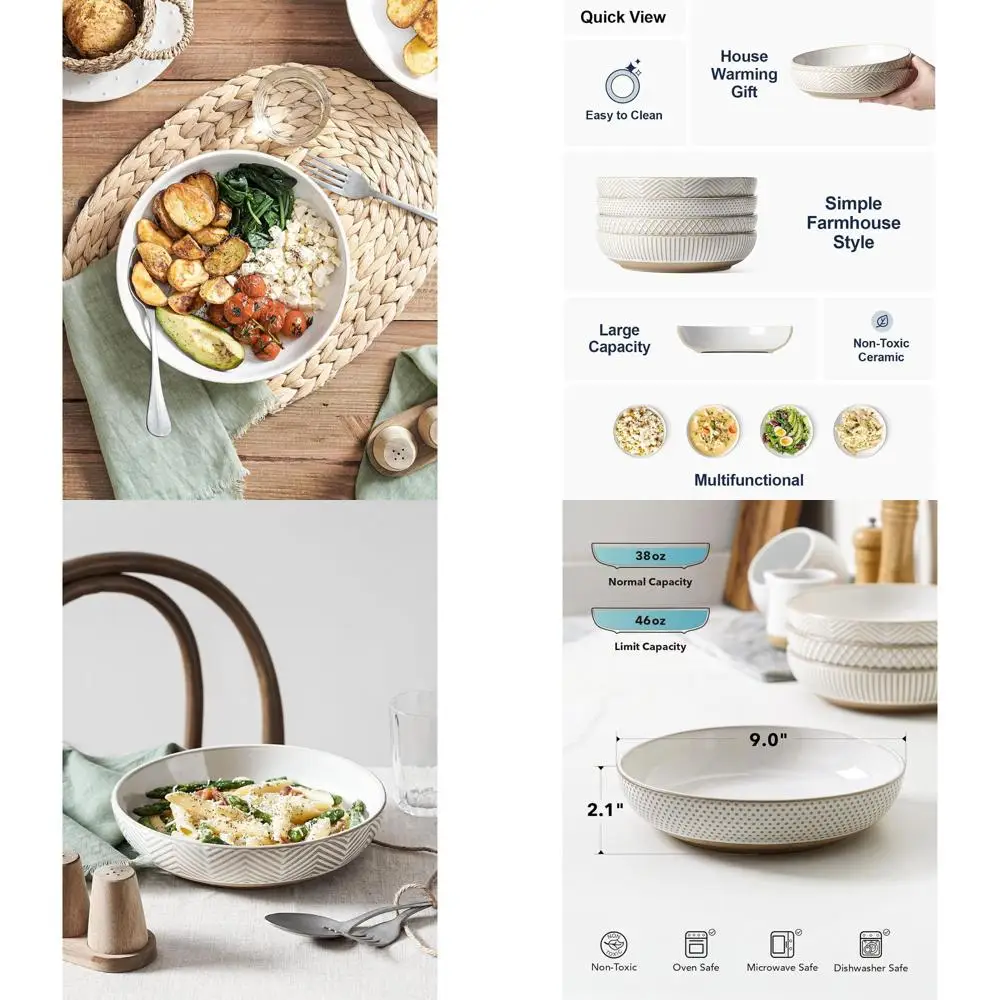 

9 Inch White Stoneware Pasta Bowls, Large Salad Bowl, Serving Plate, Housewarming Wedding Gift Set of 4