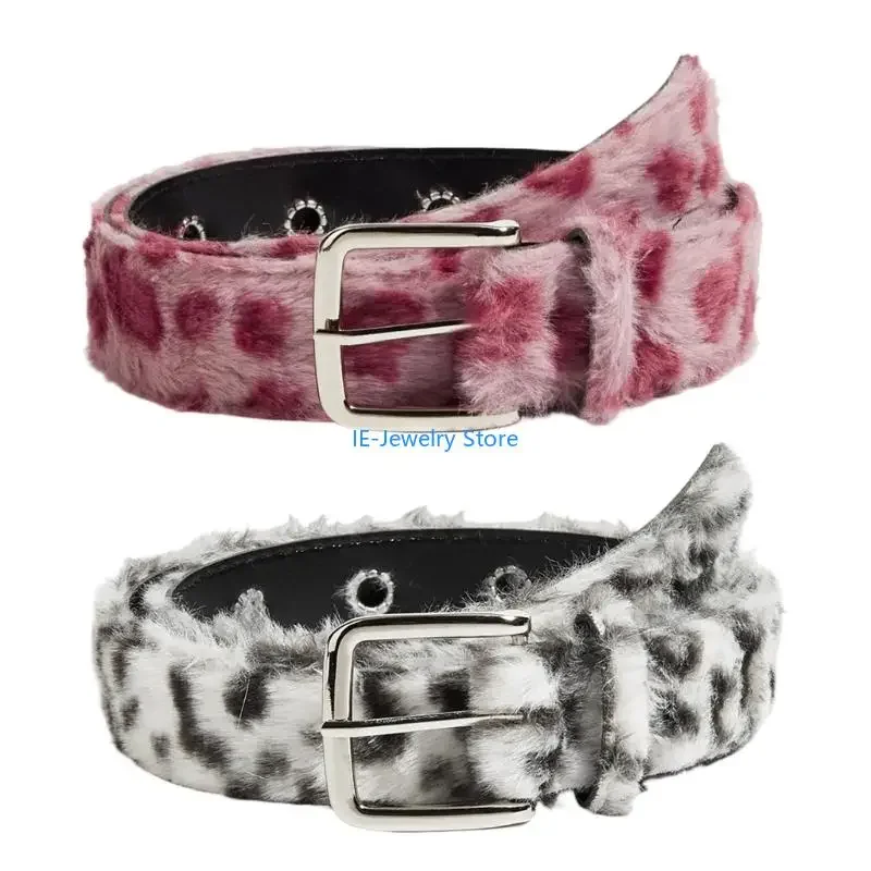 

W8KF Leopard Print Furry Belt For Women And Men Soft Elastic Waistband With Secure Closure For Jeans Dresses