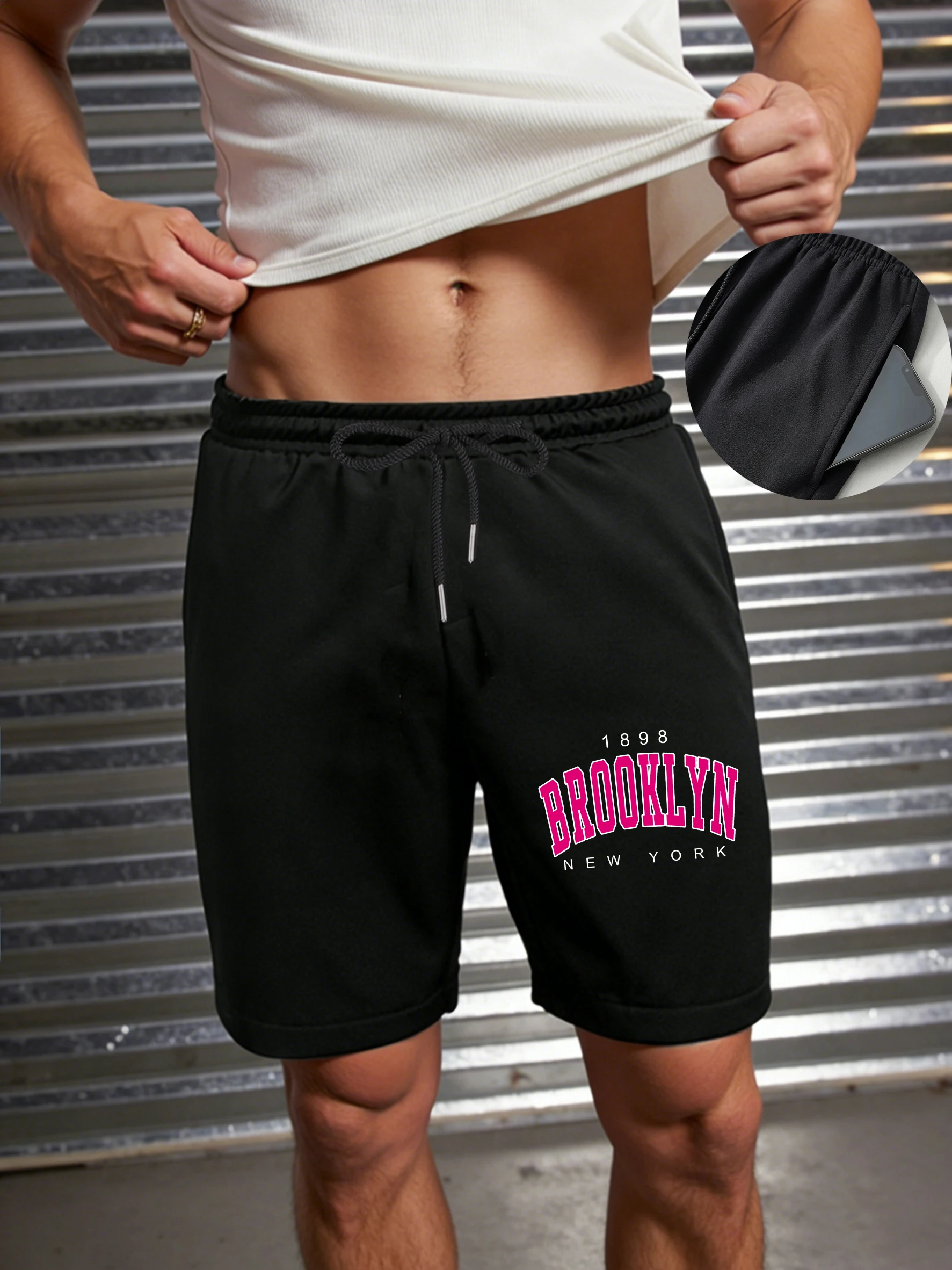 

Brooklyn New York 1898 Print Men'S Gym Pants Versatile Pocket Short Pant Drawstring Wide Leg Sportswear Summer Elasticity Shorts