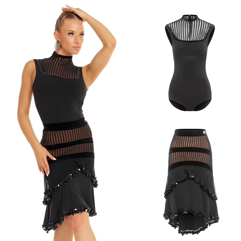 ชุดเต้นลาตินสำหรับผู้หญิง ประดับเลื่อม กระโปรง ชุดเต้นชาช่า ชุดเต้นบอลรูม สำหรับผู้ใหญ่ รุ่น SL14359