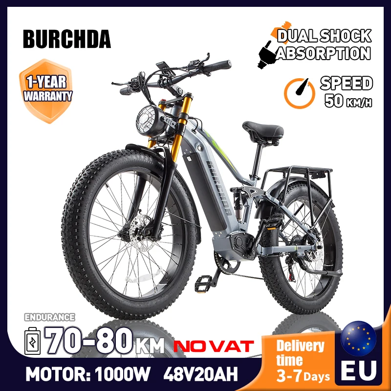 BURCHDA RX80 Electric Bike 1500W Motor Adults 48V20AH Electric Bicycle 26 Inch 4.0 Fat Tires Snow Mountain Bike MTB OFF-Road