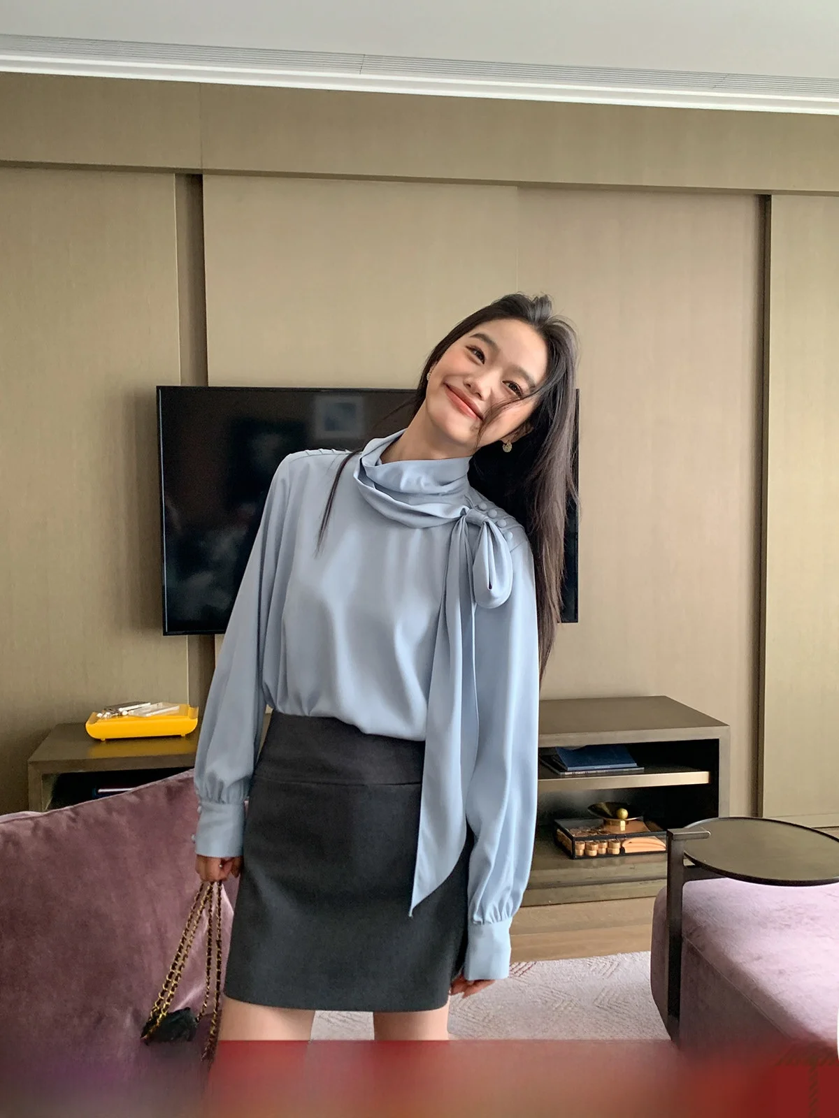 

Ele Long Sve Women's irt Autumn Korean Sle f Stand Collar Accordion Pleat Long Dra Slimming Blue Polyester