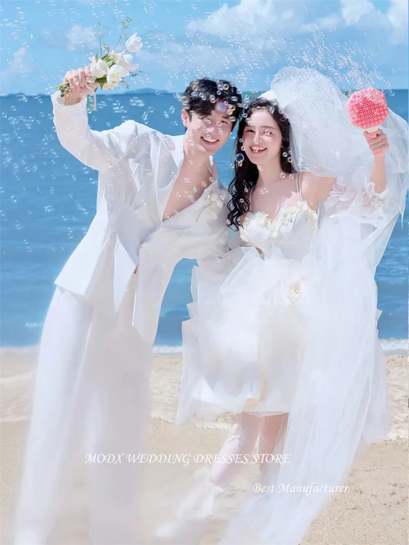 MODX الأميرة فساتين زفاف قصيرة كوريا التقطت الصور السباغيتي الأشرطة الحبيب رقيق زي العرائس نفخة الأكمام فستان عروس