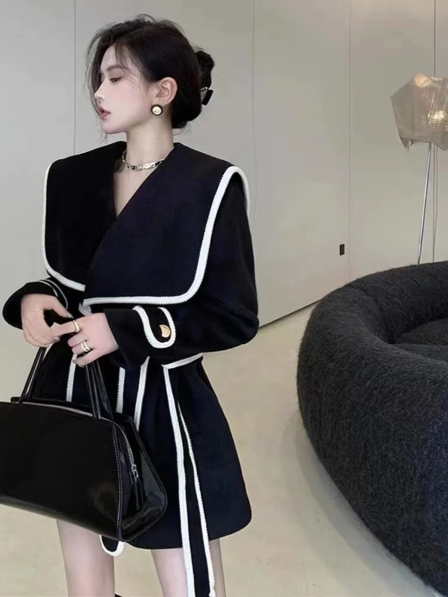 2024 Autumn Winter Black Navy Collar Woolen Coat Slimming Waist Design Korean Sle Women's Fashion Outerwear Commute Wear