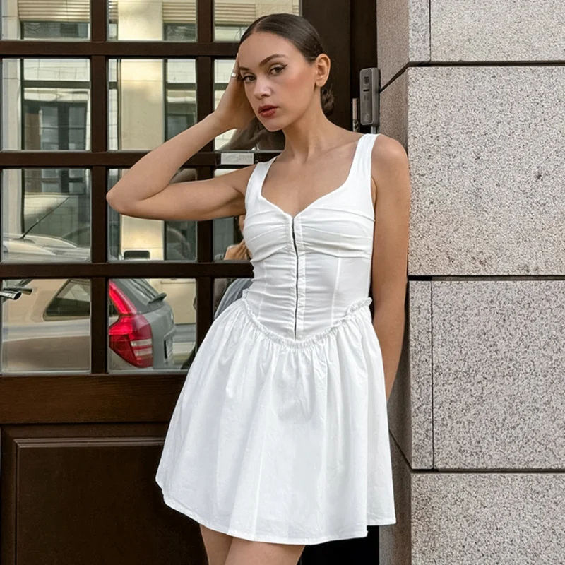 

New style buttoned pleated square neck sleeveless women's dress summer slim fit white cottonALine skirt