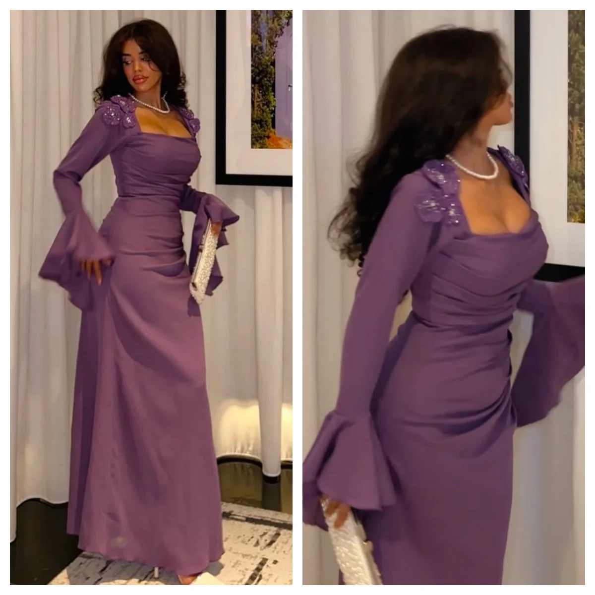 

Customized Evening Dress Jersey Square Collar Off the Shoulder Long Sleeves Prom Gowns Straight Flowers Crystal Party Dresses