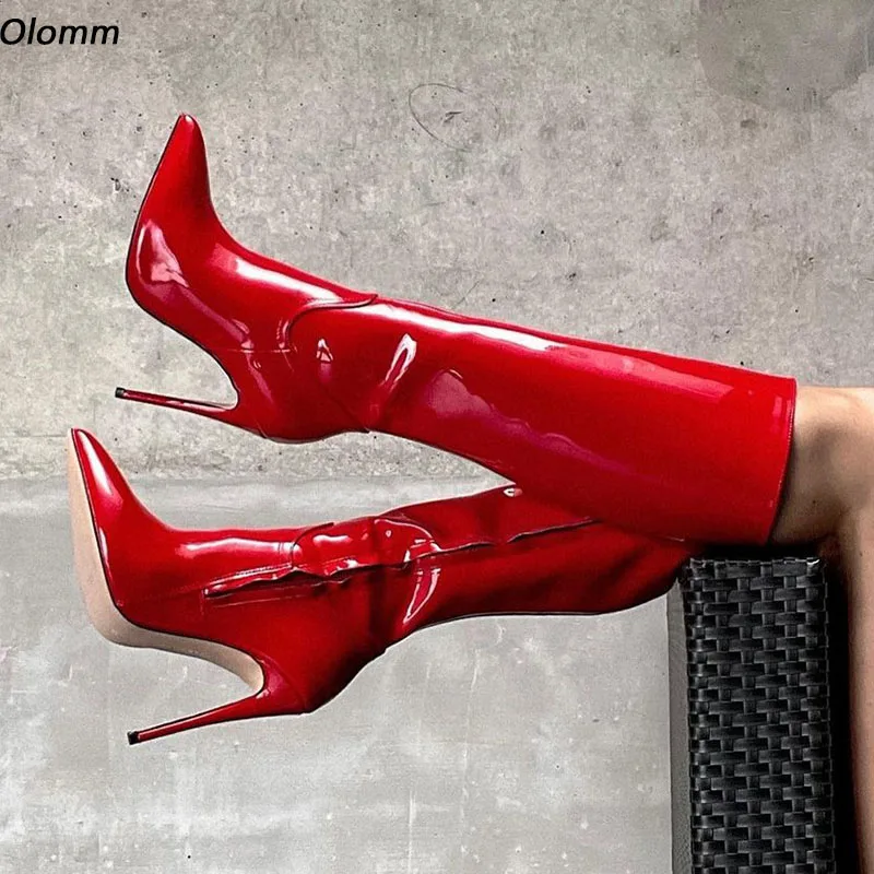 

Olomm Handmade Women Winter Knee Boots Side Zipper Stiletto Heel Pointed Toe Pretty Red Pink Party Shoes Plus US Size 5-15