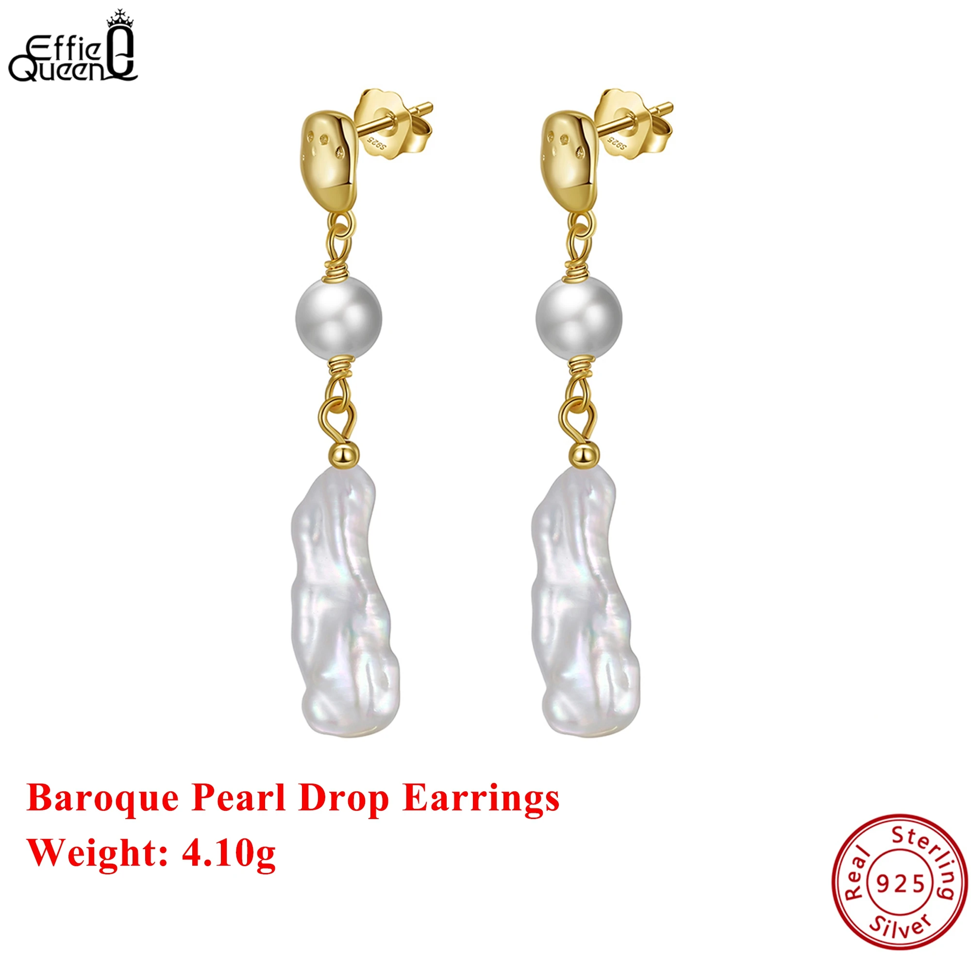 

Effie Queen 925 Pure Silver 14k Gold Baroque Shaped Zirconia Drop Earrings Timeless Jewelry for Women Banquet Party Gift GPE18