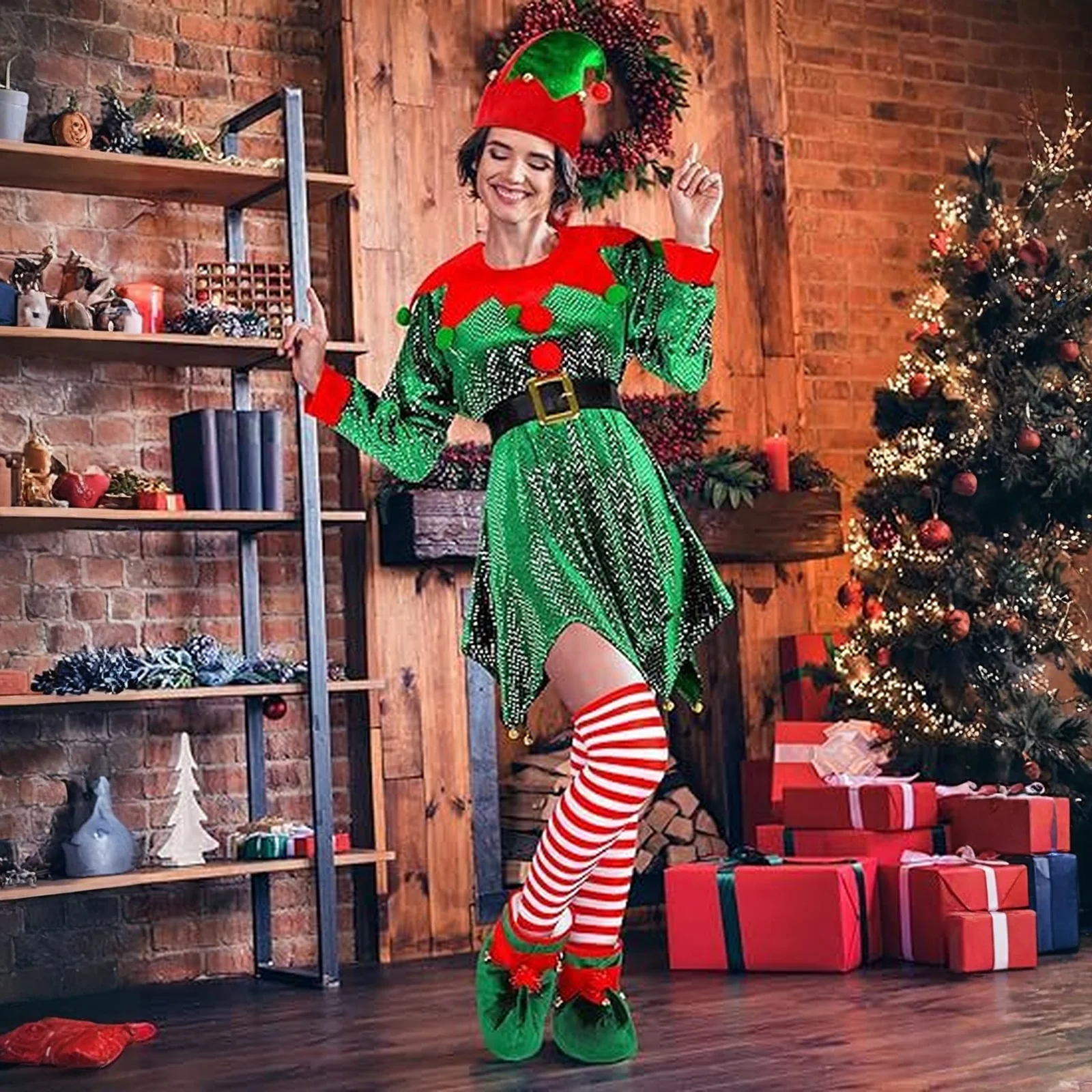 الكبار عيد الميلاد قزم مجموعة فستان أداء الحفلات مجموعة فستان تأثيري قبعة الجوارب السراويل حزام أحذية السنة الجديدة مطرزة زي الحفلات #2