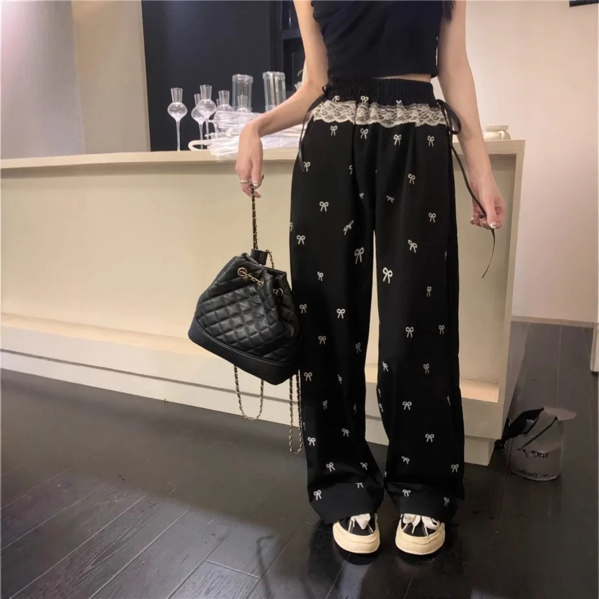 2025 Pantaloni da jogging casual da donna Pantaloni solidi a vita alta con coulisse Pantaloni larghi a gamba larga Pantaloni sportivi streetwear a farfalla