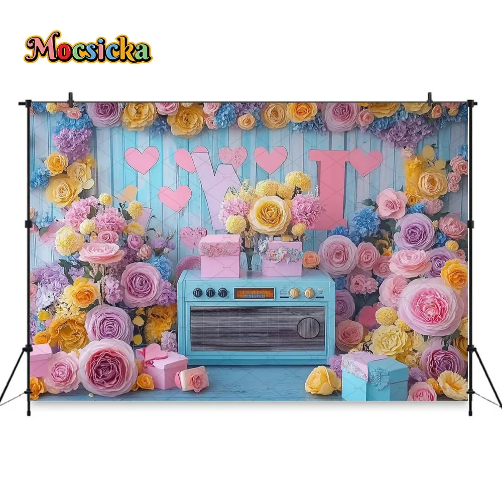 Valentine's Day Flower Room Background Colorful Radio Love Wood Wall Backdrop Girl Birthday Cake Smash Music Party Photo Studio