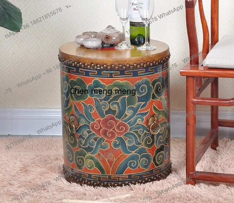 Painted cowhide drum stool new Chinese solid wood shoe changing stool hand-painted sofa round stool ethnic characteristic