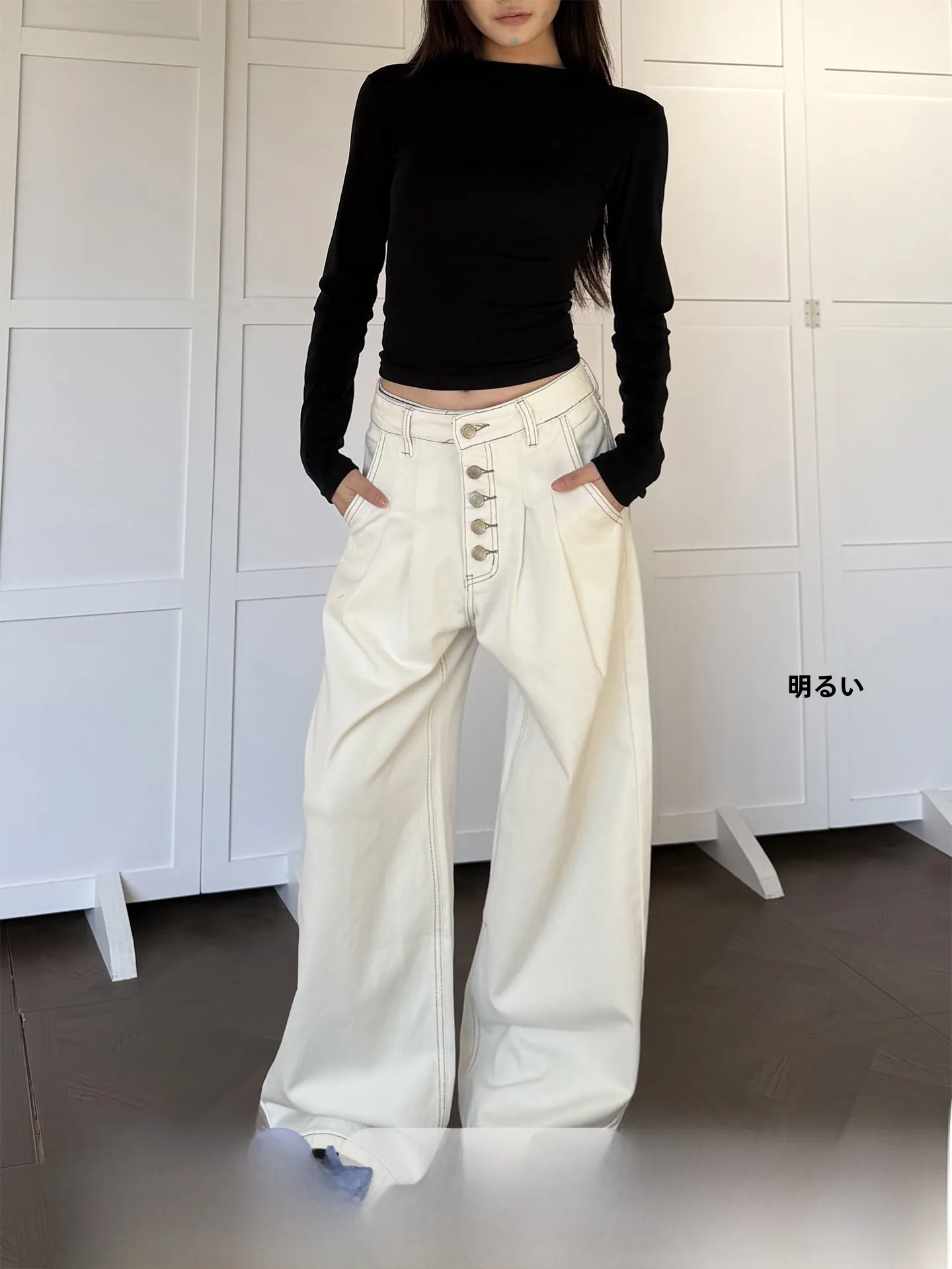 

Don Cry Casual Straight Leg Jeans Double Pleat Button Design Unisex Loose Fit Commuter Casual Pants mid Waist Natural Waist