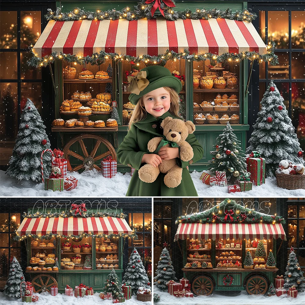 Christmas Backdrop Vintage Christmas Bakery Cart Awning Pastries Chocolate Bars Snow Baby Background Photo Studio Photocall