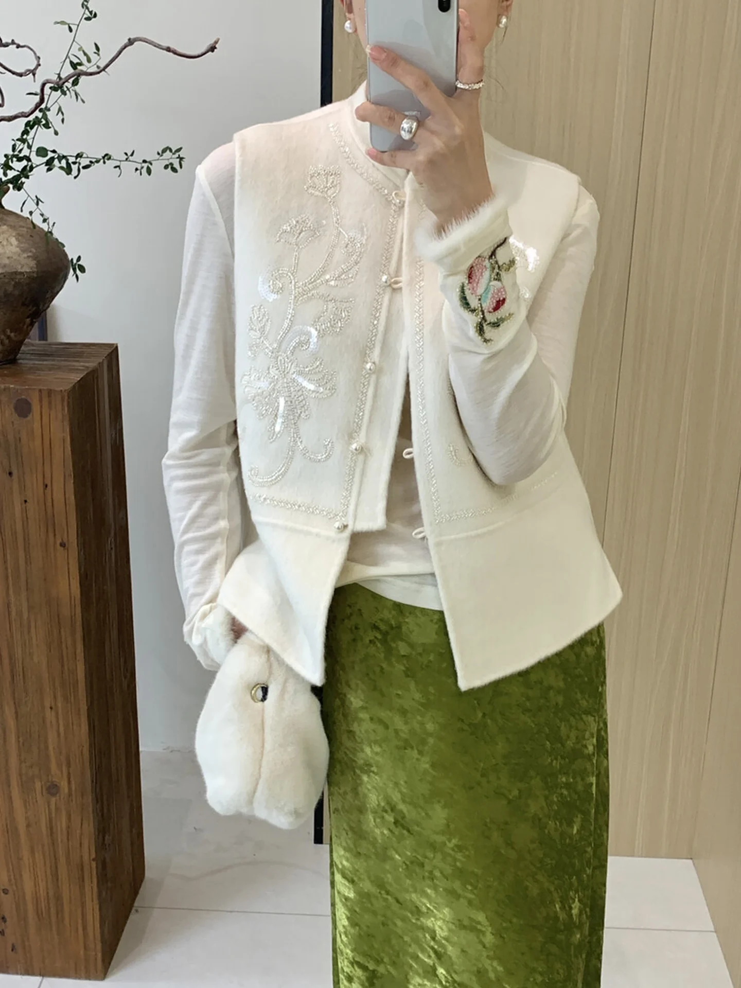 

Зимний шерстяной жилет Thiened, женский высококачественный двусторонний твидовый верхний костюм с вышивкой, украшенный жемчугом, для поездок на работу