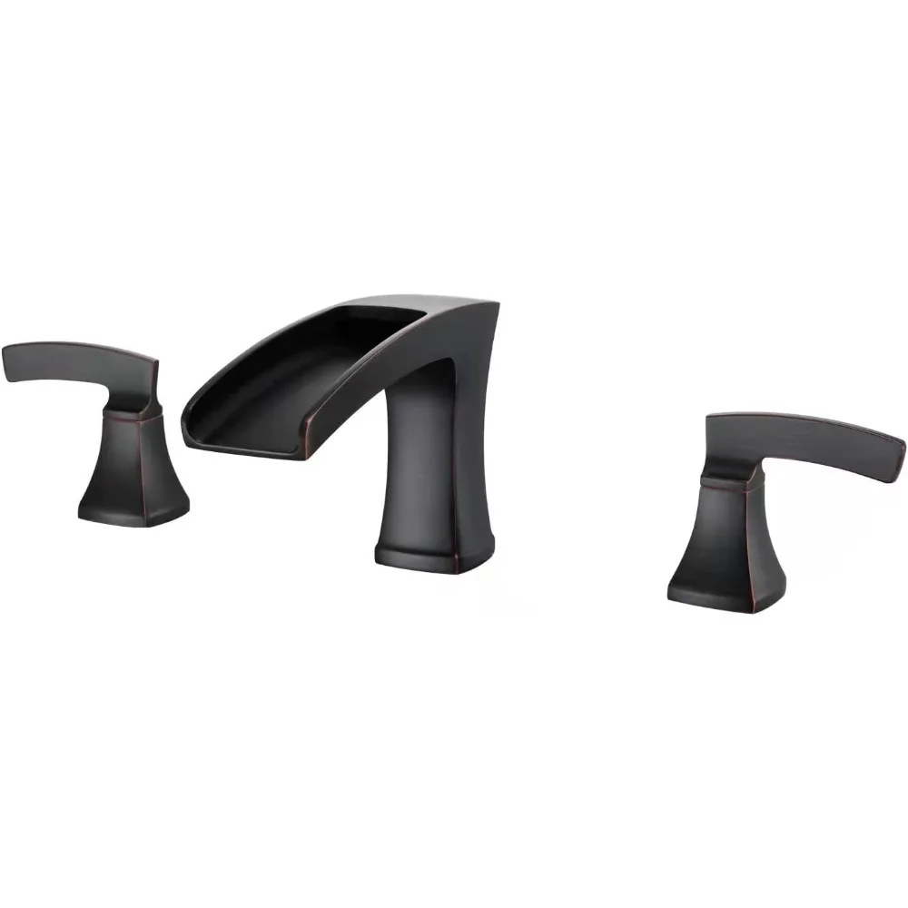 

Oil Rubbed Bronze 3-Hole Deck-Mounted Tub Filler with Waterfall Spout and Dual Handles for Brass Bathroom Faucets